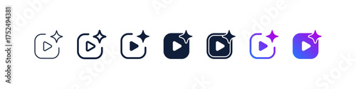 AI video play or smart media icon sparkle stars symbol. Generative, generated AI logo gradient. for Artificial intelligence, intelligent playback, video, optimized content, or AI-powered video feature