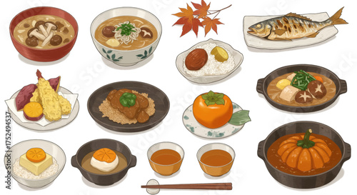 A delightful assortment of traditional Japanese cuisine, featuring popular dishes and autumnal treats