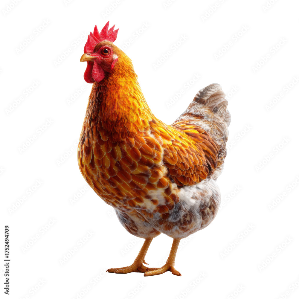 Fototapeta premium Majestic Hen: A striking image of a vibrant hen, its feathers shimmering with a spectrum of warm hues, standing confidently with regal poise, embodying rural charm.