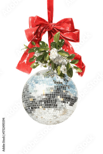 Festive Ornament: A shimmering, disco-ball-like ornament adorned with a vibrant red bow and sprigs of mistletoe, exuding a sense of holiday cheer and celebration.