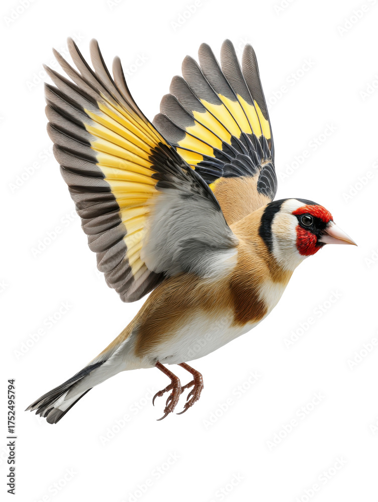 Obraz premium Goldfinch in Flight: Witness the graceful Goldfinch in mid-flight, wings fully extended, showcasing vibrant colors.