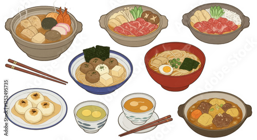 Various Japanese Dishes and Drinks Including Soups, Noodles, and Desserts