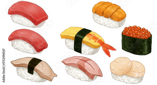 A diverse collection of delicious Japanese sushi dishes, meticulously arranged to showcase their vibrant colors and textures