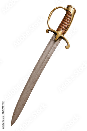 An old vintage European cavalry short sword or cutlass with a brass hilt and ribbed leather grip, Isolated on Transparent and White Background