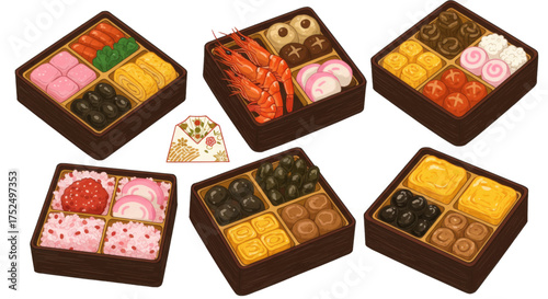 Collection of traditional Japanese New Year food boxes, showcasing a diverse assortment of delicacies