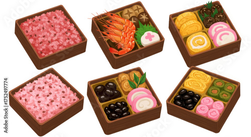 Traditional Japanese New Year's Food Celebration Bento Boxes with Variety of Delicacies