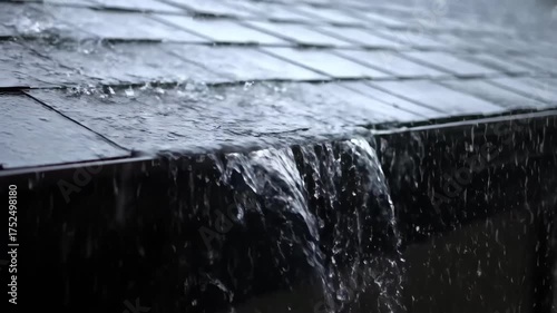 Rainwater flowing from roof gutter on dark slate tiles  