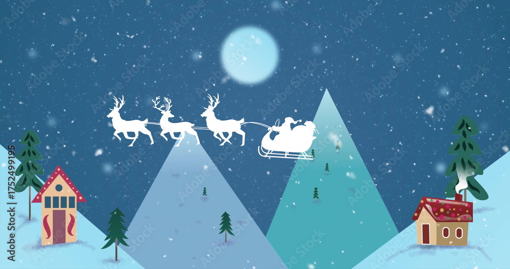 Naklejka premium Santa and reindeer flying over snowy mountains image with moon in background