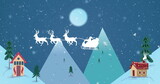 Santa and reindeer flying over snowy mountains image with moon in background