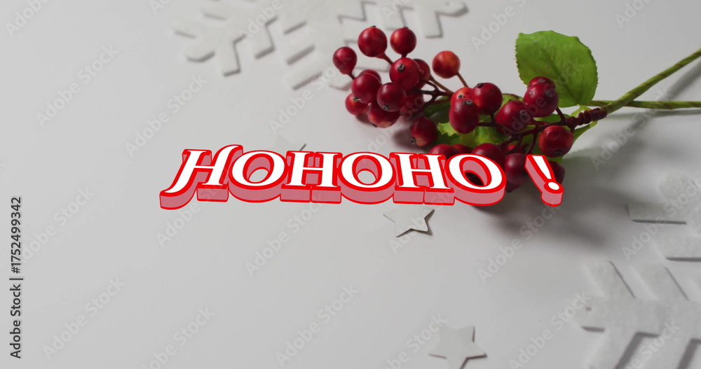 Fototapeta premium Image of white stars and christmas berries decorations on white background