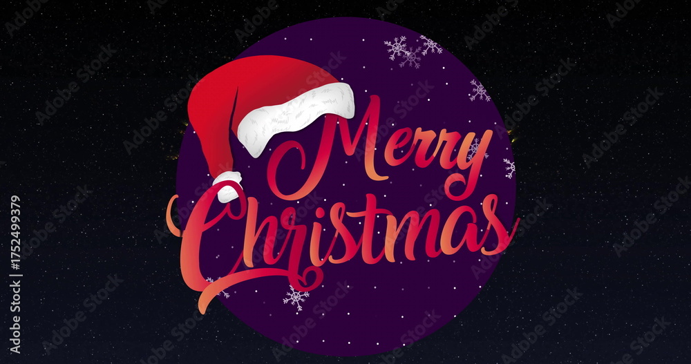 Fototapeta premium Merry Christmas text image with Santa hat and snowflakes on dark background