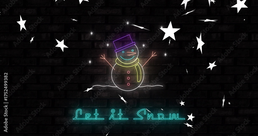 Naklejka premium Neon snowman with stars and Let it Snow text image over brick wall