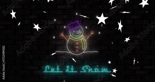 Neon snowman with stars and Let it Snow text image over brick wall