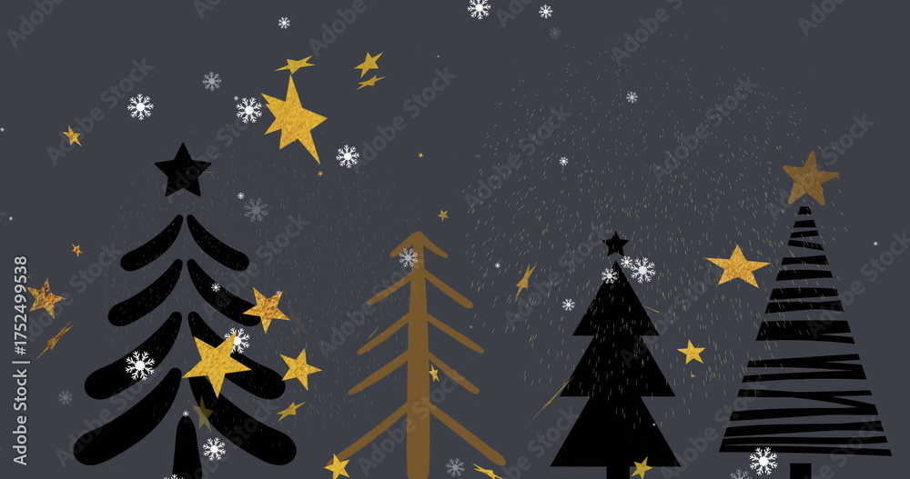 Fototapeta premium Image of stars falling over christmas trees and snow falling