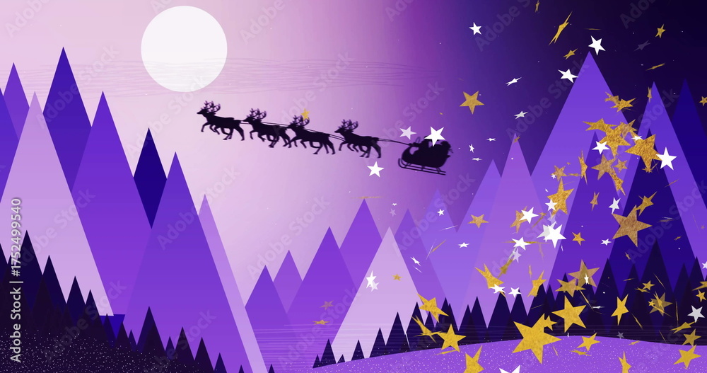 Obraz premium Image of stars falling over santa in sleigh and mountains