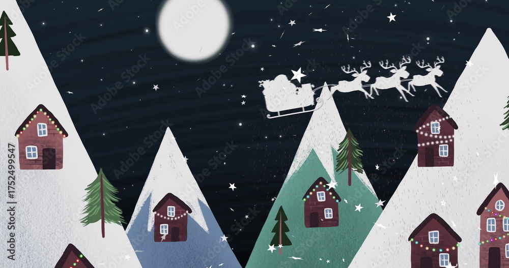 Fototapeta premium Image of stars falling over santa in sleigh and winter scenery