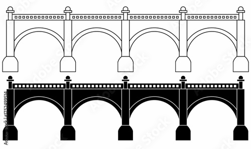 vector of a viaduct bridge with repeating arches, columns, and railings. Classic architectural structure illustration for engineering, design, or education use.
