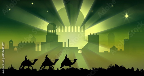 Konstfotografi Image of three kings on camels over christmas bethlehem on green background