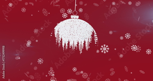 Snowflakes falling over christmas bauble decoration hanging against red background