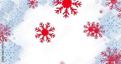 Multiple red snowflakes icons falling against blue snowflakes frame eon white background