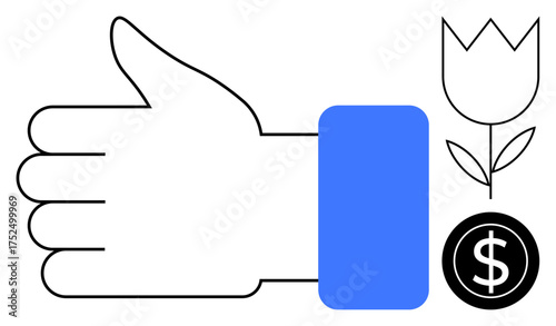 Outlined hand giving a thumbs-up near a tulip and dollar coin, symbolizing positivity, growth, finance, and appreciation. Ideal for success, economy, sustainability, feedback investments community