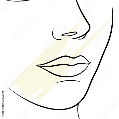 Minimalist line art a woman's mouth nose cheek with pale yellow accents face lips
