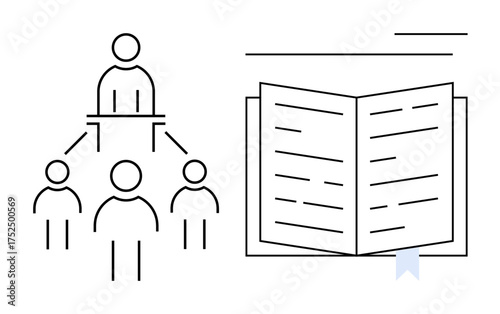 Person leading others with lines connecting to signify hierarchy, next to an open book with text and bookmark. Ideal for leadership, education, teamwork, organization, mentorship, training
