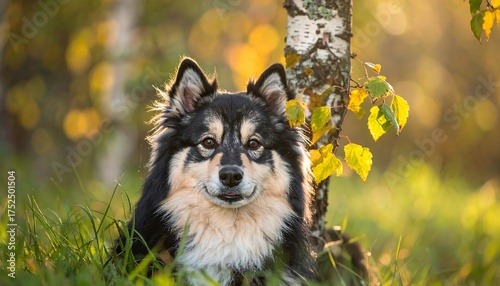 A fluffy, dark-haired canine poses serenely amongst sun-dappled trees