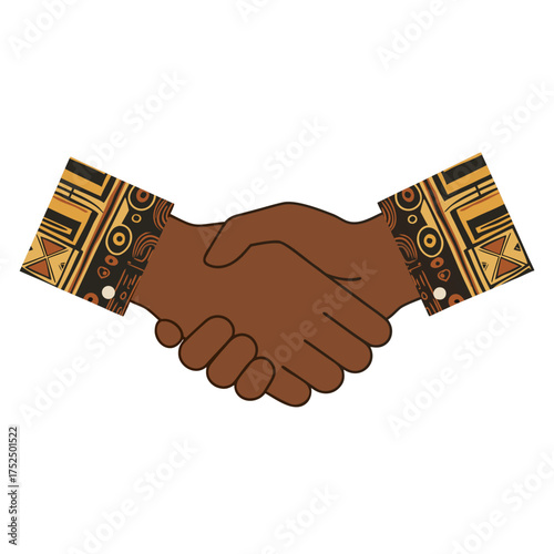 Black hands shaking with patterned sleeves representing African heritage  