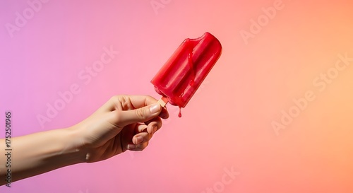 Refreshing red popsicle held in hand with colorful background studio shot