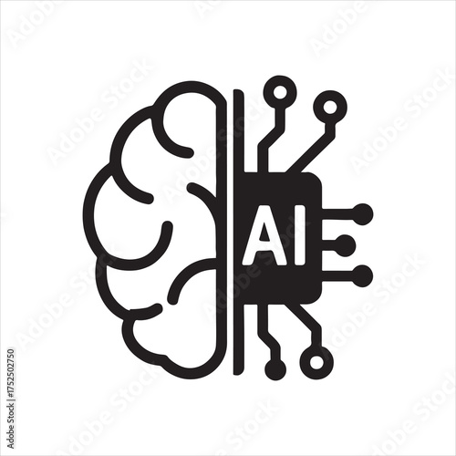 Artificial intelligence concept with brain and circuit board in black and white showcasing machine learning and technological advancement in minimalistic vector design for the future silhouette