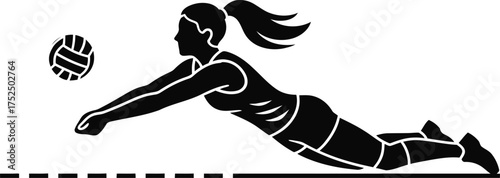 Silhouette of a female volleyball player diving for a ball