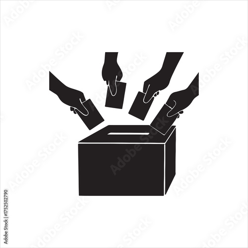 Black and White Illustration of Hands Casting Ballots into a Ballot Box symbolizing Democratic Elections and Civic Participation for a Free and Just Society silhouette