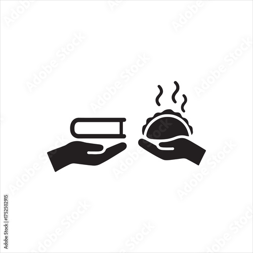 Exchange education, knowledge, book with food vector icon illustration silhouette on white background