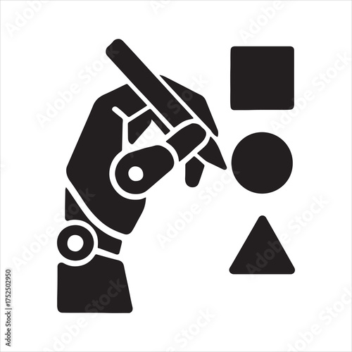 Robotic Arm Drawing Geometric Shapes Automation and Design Concepts Black and White Illustration of Artificial Intelligence Designing Square Circle and Triangle with Pen Tool silhouette