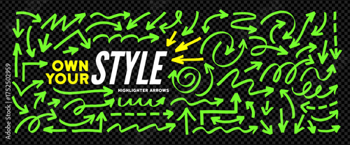 Bright green bold marker arrows, emphasis highlight elements. Collection of wavy, straight, round and dotted arrows for emphasize your text design. Hand drawn vector marker strokes.