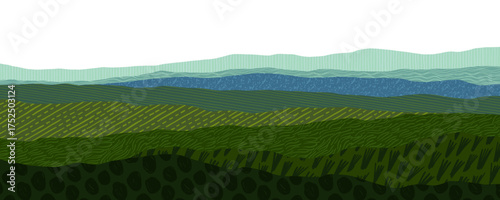 Rice field collage pattern with green agriculture texture and abstract farm landscape. Field collage paper texture with hand drawn patterns for sustainable design projects. Vineyard and nature bg.