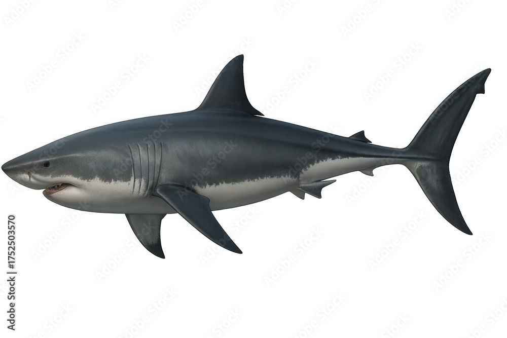 Fototapeta premium Great white shark swimming, powerful marine predatory fish, ocean wildlife on transparent background