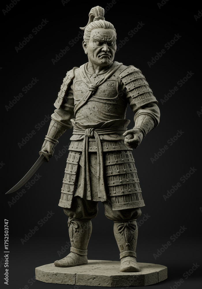 Obraz premium Ancient Warrior Statue: A meticulously sculpted statue of a stern warrior stands in full battle attire, holding a blade, showcasing intricate detail and historical artistry. 