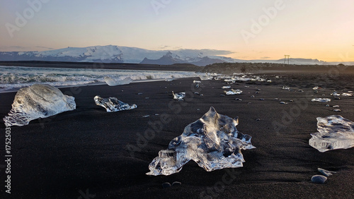 ice on the beach, diamond beach, Iceland, midnight sun