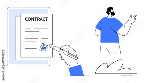 Hand signing a contract using a pen, person gesturing in the background, clean lines and minimal colors. Ideal for agreement, deal, negotiation, partnership, signature business teamwork. A simple