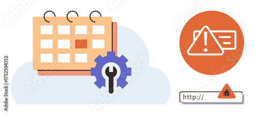 Calendar, gear for system updates, alert notification, browser warning. Ideal for task planning, cybersecurity, system maintenance, scheduling troubleshooting workflow problem solving. Simple flat