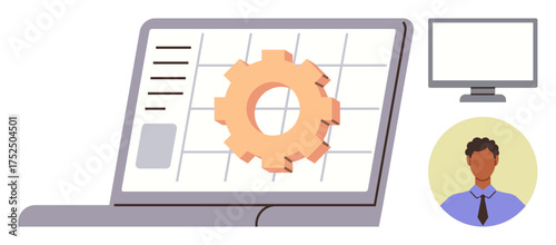 Laptop displaying grid with central gear element, human icon, secondary monitor in workspace. Ideal for teamwork, analytics, settings, IT solutions, remote work processes and digital tools. Simple
