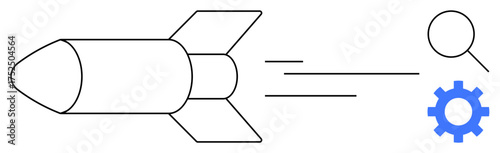 Rocket moving with motion lines, magnifying glass for research, and gear for efficiency. Ideal for progress, innovation, development, exploration, technology research startup growth. Simple flat