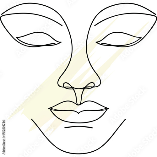 Continous line drawing a serene face with closed eyes subtle yellow abstract shapes vector