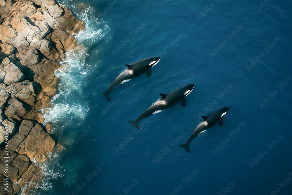 Fototapeta premium Orcas swimming gracefully in deep blue ocean near rocky coastline. concept of marine wildlife, oceanic habitat, sea animal beauty