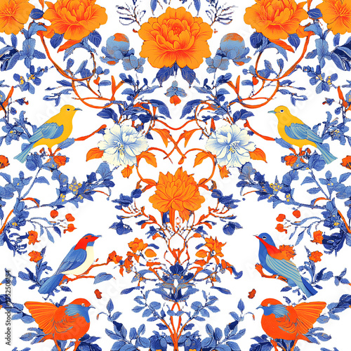Enchanting botanical pattern showcases vibrant birds amidst blooming flowers, creating a visually captivating and artistic design element.