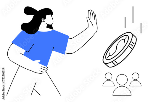 Woman gesturing to refuse falling coin, emphasizing values over wealth. Ideal for financial ethics, rejecting bribes, corruption awareness, integrity, moral decision-making, honesty, simple flat
