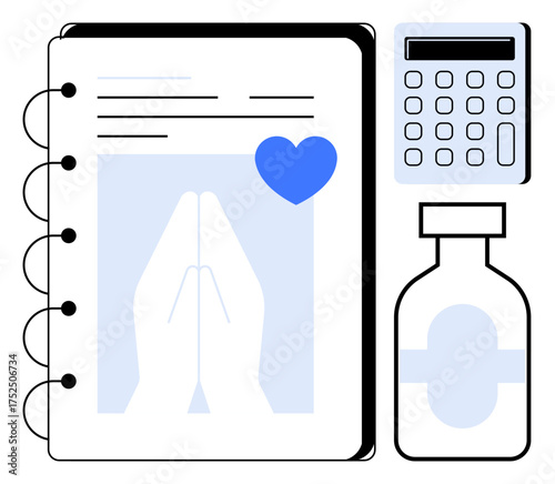 Health journal with blue heart and prayer hands icon next to a calculator and medicine bottle. Ideal for wellness planning, healthcare, spirituality, medical management, self-care organization