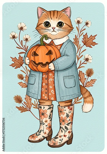 Whimsical Cat in Floral Boots and Cozy Coat Holds a Jack-O-Lantern for Autumn